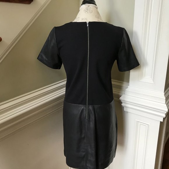 Halogen Leather Ponte Knit Shift Dress Womens Small Black Short Sleeve Crew Neck - Picture 11 of 13